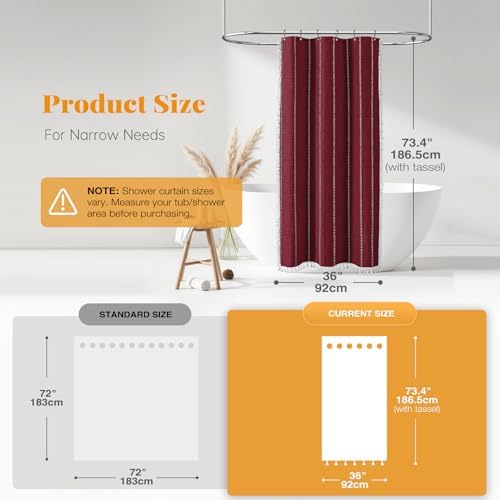 BTTN Small Boho Linen Heavy Duty Cloth Shower Curtain, 36x72, Burgundy