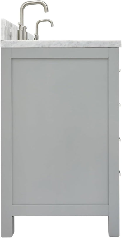 ARIEL Cambridge 66-inch Bathroom Vanity with Sink,Solid Wood, 1.5-inch Italian Carrara Marble Countertop & Backsplash, Double Oval Porcelain Sink, 4 Soft Closing Doors, 6 Dovetail Drawers, Grey