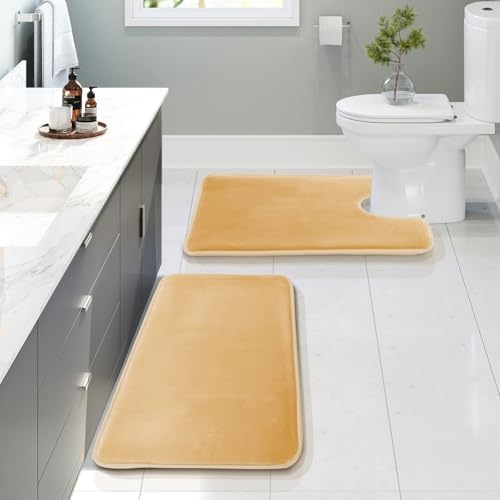 Clara Clark 2 Piece Bathroom Rugs, Velvet Memory Foam Bath Mat Set, Non-Slip Bath Rugs, Machine Wash, Dries Quickly, Ultra Soft Plush Bath Mats for Bathroom, 17 x 24 + Contour, Cream