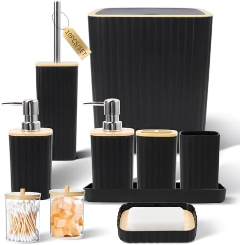 XLHOMO Bathroom Accessories Set - Elegant Black Bathroom Set, 10PC Bathroom Accessory Set, Toilet Brush, Trash Can, Qtip Holder Dispenser & Soap Dispenser