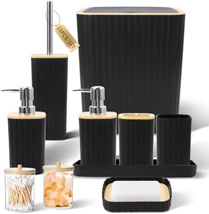 XLHOMO Bathroom Accessories Set - Elegant Black Bathroom Set, 10PC Bathroom Accessory Set, Toilet Brush, Trash Can, Qtip Holder Dispenser & Soap Dispenser