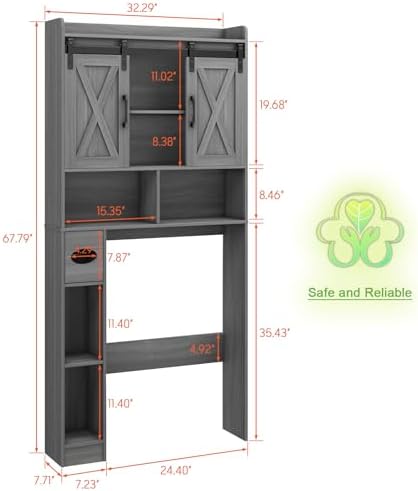 Vabches Over The Toilet Storage Cabinet with Sliding Doors, Wash Grey