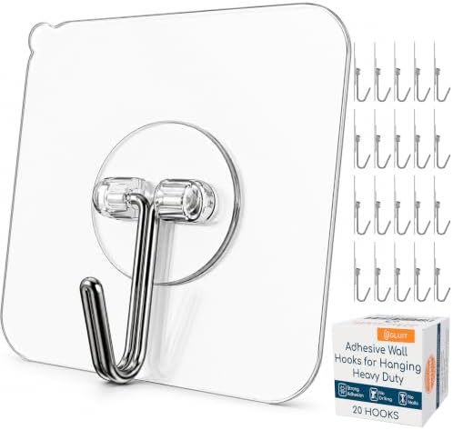 GLUIT Adhesive Wall Hooks for Hanging Heavy Duty No Drill, 22 lbs, 20 pcs