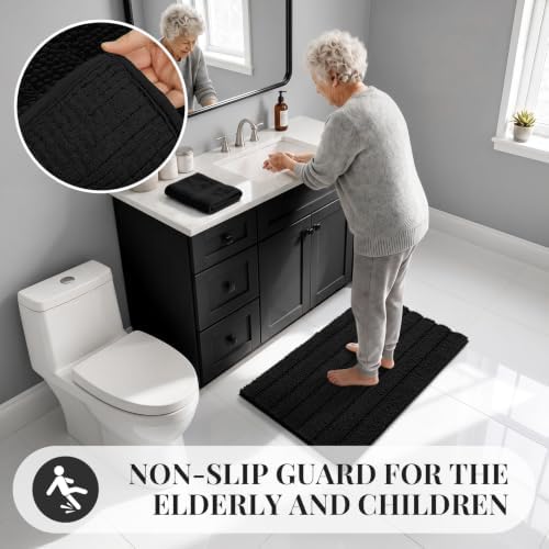 Bcoimo Bath Rug Mat,30x20 Chenille Non Slip Black Bathroom Floor Shower Mat