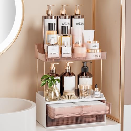 Delamu 4-Tier Makeup Organizer, Bathroom Counter, 2 Drawers, Grapefruit
