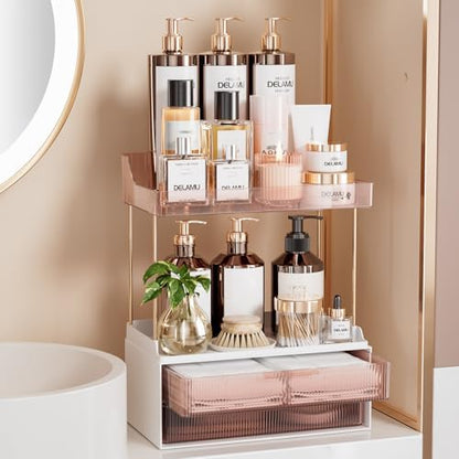 Delamu 4-Tier Makeup Organizer, Bathroom Counter, 2 Drawers, Grapefruit