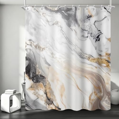 Beige Marble Shower Curtain Modern Abstract Luxury Gold Ink Texture Gray Ombre Watercolor Bathroom Curtain Set with Hooks Soft and Lightweight Waterproof Fabric Machine Washable 66" WX72 L