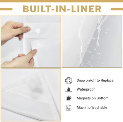 WONICY No Hook Stall Shower Curtain with Snap-in Liner, Cream, 54 x 80