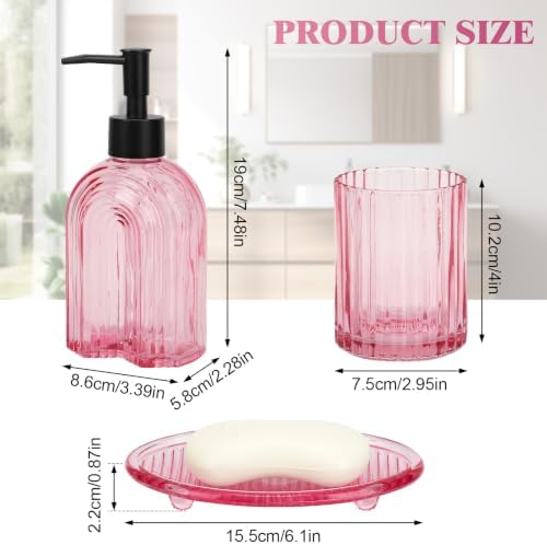 Bathroom Accessories Set, 4Pcs Glass Bathroom Accessories Set Complete, 11.6OZ Lotion Soap Dispenser, Toothbrush Holder, Mouthwash Cup, Soap Dish for Bathroom Decor, Countertop Organizer (Pink)