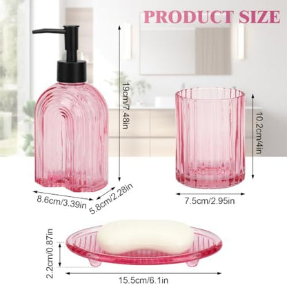 Bathroom Accessories Set, 4Pcs Glass Bathroom Accessories Set Complete, 11.6OZ Lotion Soap Dispenser, Toothbrush Holder, Mouthwash Cup, Soap Dish for Bathroom Decor, Countertop Organizer (Pink)