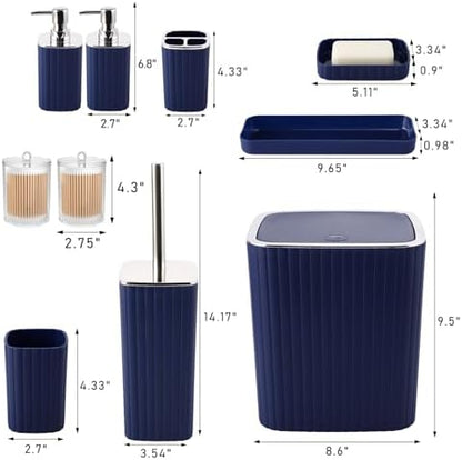 XLHOMO Navy Blue Bathroom Accessories Set - Gorgeous Bathroom Set, 10PC Bathroom Accessory Set, Toilet Brush, Trash Can, Qtip Holder & Soap Dispenser