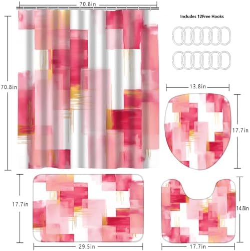 Yddsky 4 Pcs Pink Geometric Shower Curtain Set with Rugs Bathroom Set