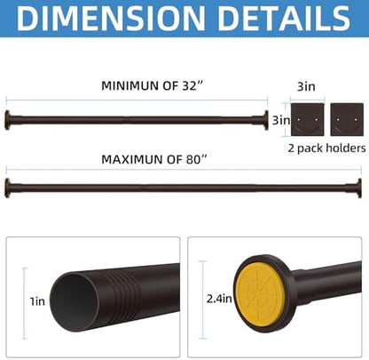 CorkLatta Matte Bronze Shower Curtain Rod,1 Inch Diameter Stainless Steel Adjustable Spring Tension Rods 32 to 80",with Holders,Anti-Slip,Curtain Rods No Drilling(1 Pack)