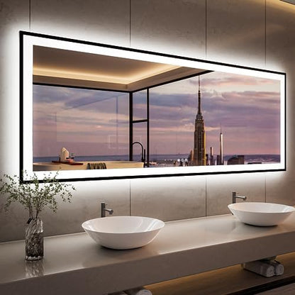 ISKM 84x32 Framed LED Bathroom Mirror, Dimmable Front & Backlit, Anti-Fog