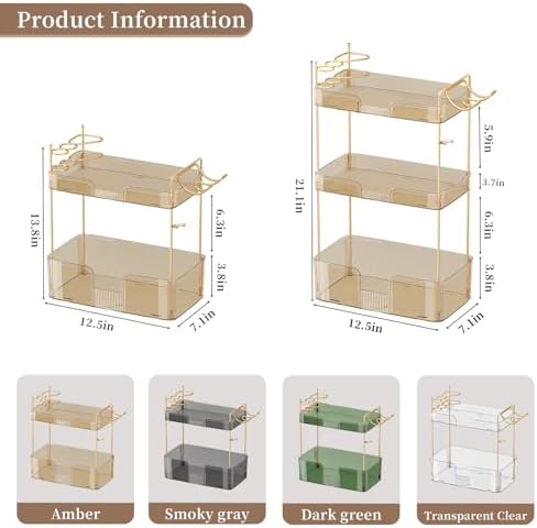 Akinbas 3 Tier Bathroom Organizer Countertop Makeup Perfume Tray Skincare Organizer Comes with Hair Dryer Rack and Toothbrush Holder for Bathroom Dresser Vanity (Gold)