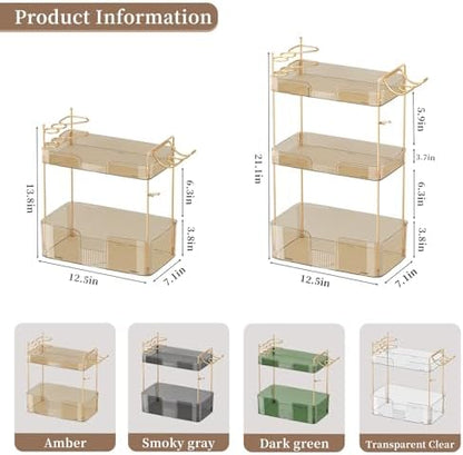 Akinbas 3 Tier Bathroom Organizer Countertop Makeup Perfume Tray Skincare Organizer Comes with Hair Dryer Rack and Toothbrush Holder for Bathroom Dresser Vanity (Gold)