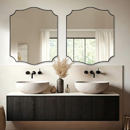 ANDY STAR 30"x36" Black Scalloped Mirror, Mirrors for Bathroom Sink, Black Framed Mirror with Elegant Curved Scallop Design, Premium Stainless Steel Thin Frame, Hangs Horizontally or Vertically