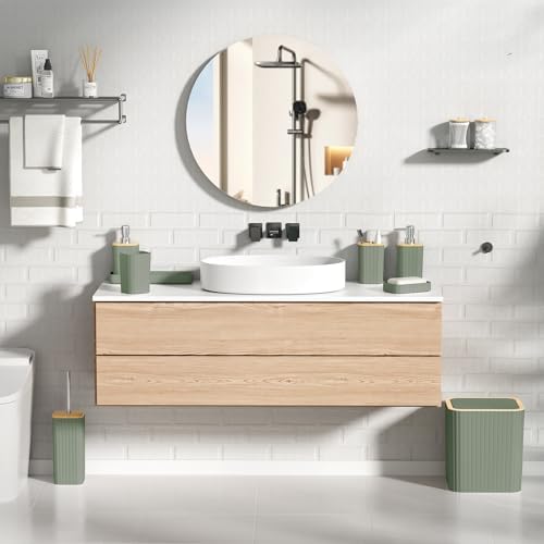 XLHOMO Bathroom Accessories Set - Elegant Sage Green Bathroom Set, 10PC Bathroom Accessory Set, Toilet Brush, Trash Can, Qtip Holder Dispenser & Soap Dispenser