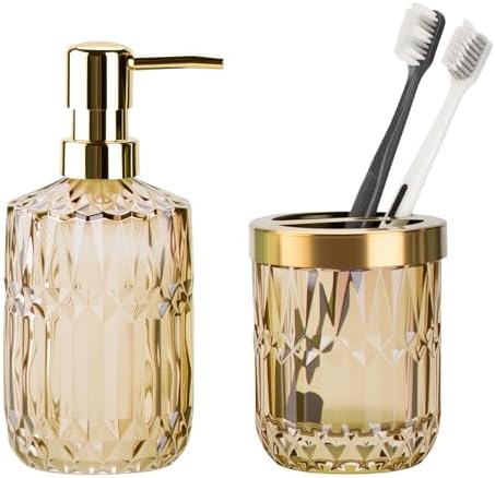 RRM Glass Bathroom Toothbrush Holder and Soap Dispenser Set, Brown