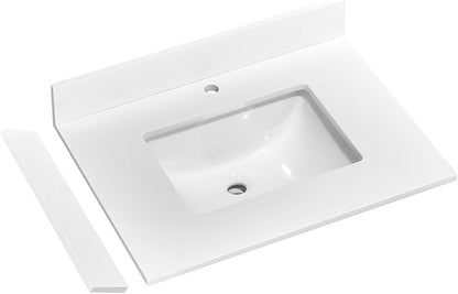24" x 22" Vanity Top, Quartz Vanity Sink Top in Pure White, with One Sidesplash & One Backsplash, with Undermounted Rectangular Sink,Single Faucet Hole for Vanity Top with Sink