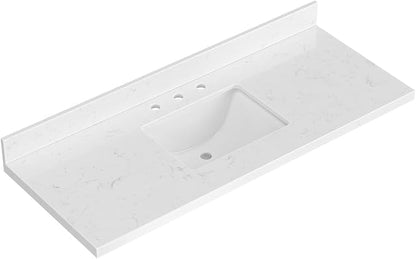 ARIEL 54 inch Bathroom Vanity top with Sink, 1.5 Inch Thick Miter Edge Carrara White Quartz top, Rectangle Single Porcelain Sink, Includes Backsplash