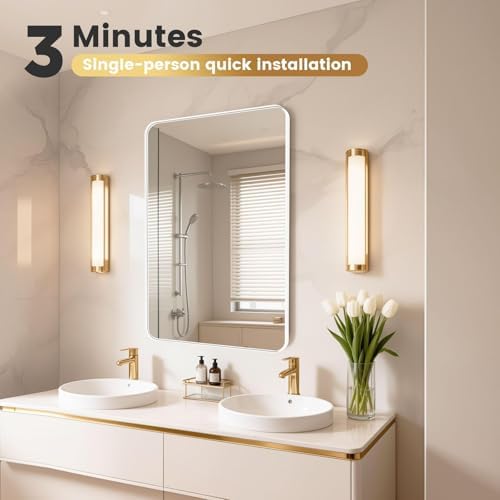 Frosted White Wall-Mounted Bathroom Mirror, 18x30-inch Metal-Frame Vanity Mirror, Rounded-Corner Rectangular Wall Mirror, Bathroom Mirror for Above Sink, Can Be Hung Horizontally or Vertically