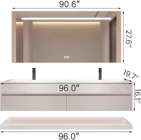 96" Bathroom Vanity with Sink, Double Sink Bathroom Vanity with Smart LED Defog Mirror, Ceramic Sink, Wall Mounted Floating, Soft Closing, Fully Pre-Assembled, Ample Storage, Mirror Set