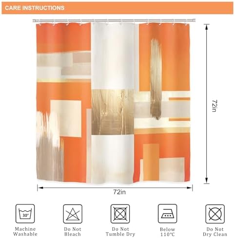 Riyidecor Orange Gold Abstract 4Pcs Bathroom Shower Curtain Sets Modern Geometric Aesthetic Bathroom Decor Set with Rugs and Accessories Minimalist Toilet Lid Rug, Contour and Bath Mat with 12 Hooks