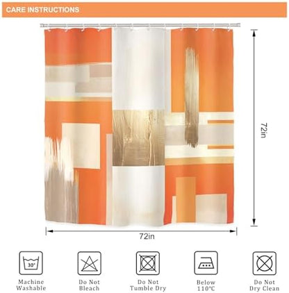 Riyidecor Orange Gold Abstract 4Pcs Bathroom Shower Curtain Sets Modern Geometric Aesthetic Bathroom Decor Set with Rugs and Accessories Minimalist Toilet Lid Rug, Contour and Bath Mat with 12 Hooks