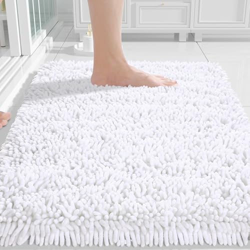 Yimobra Chenille Bathroom Rugs Non Slip, Extra Thick Soft Absorbent Bath Rug, Machine Washable Quick Dry Bath Mat for Bathroom Floor, Tub and Shower, Home Decor Accessories, 24x17, White