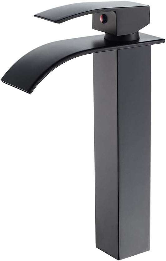 VOTON Vessel Sink Faucet Matte Black Modern Tall Waterfall Bathroom Sink Faucet Single Handle Bathroom Faucet 1 Hole Bowl Lavatory Vanity Faucet, Rv Sink Camper Farmhouse Bathroom Faucet