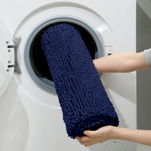 HOMEIDEAS Navy Blue Long Chenille Bathroom Rugs Set of 3, Non Slip Bath Mat