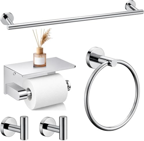 5 Pieces Polished Chrome Bathroom Hardware Accessories Set, SUS304 Stainless Steel 24 Inch Bath Towel Bar Set, Round Bathroom Towel Holder Set, Towel Racks for Bathroom Wall Mounted