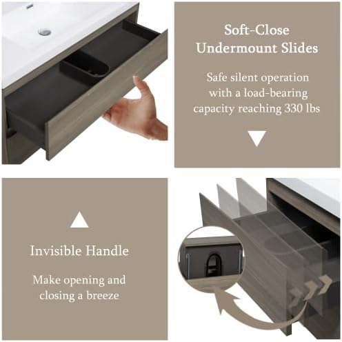 KEIKI 42'' Wall-Mounted Bathroom Vanity with Sink - Floating Design, 2 Soft-Close Drawers & Resin Basin, Space-Saving for Small Bathrooms, Ash Grey