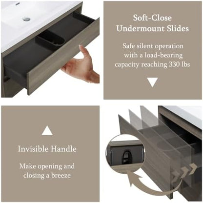 KEIKI 42'' Wall-Mounted Bathroom Vanity with Sink - Floating Design, 2 Soft-Close Drawers & Resin Basin, Space-Saving for Small Bathrooms, Ash Grey