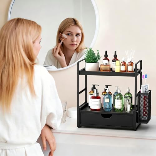 LEMIKKLE Bathroom Counter Organizer with Basket, Bathroom Organizers and Storage,Skincare Organizers for Vanity,Storage Organizers for Bathroom, Kitchen, Dresser (Black with Drawer)