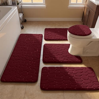 YIHOUSE Bathroom Rugs Mat Set, Memory Foam Bath Mat 5 Piece Red
