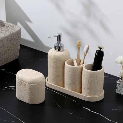Bathroom Accessories Set, 5PCS, Travertine Stone Look, Yellow