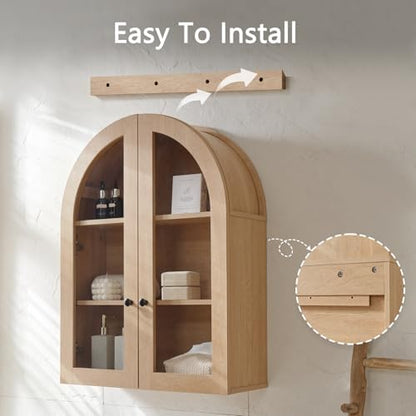 Bathroom Arched Wall Cabinet, 23.5'' Wide Medicine Cabinet, Bathroom Cabinet Wall Mount W/ Glass Doors & Adjustable Shelves, Over The Toilet Storage Cabinet for Laundry Room, Bedroom,Kitchen,Natural