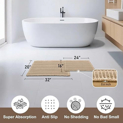 JIUZHEN Set of 2 Waffle Bath Mats Boho Bath Rugs 16x24&20x32, Strip-Brown