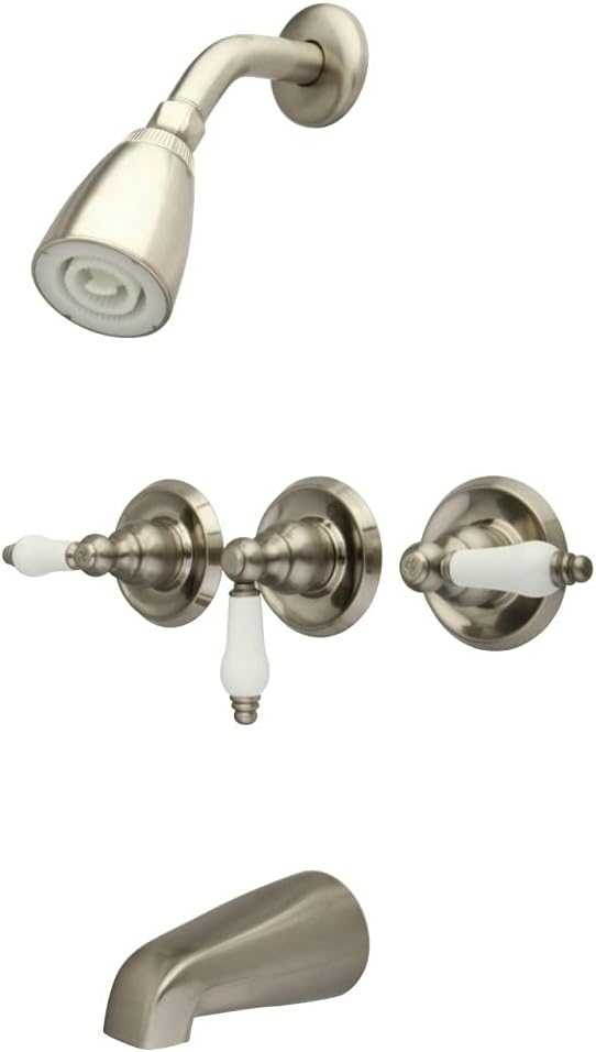 Kingston Brass KB238PL Tub and Shower Faucet with 3-Porcelain Lever Handle, Brushed Nickel 5-Inch Spout Reach
