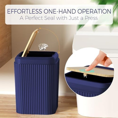 Navy Blue Bathroom Accessories Set, Bathroom Set with Shower Curtain and Rugs, Trash Can, Toilet Brush with Holder, Soap Dispenser, Toothbrush and Toothpaste Holder, Cup, Soap Dish, Qtip Holders
