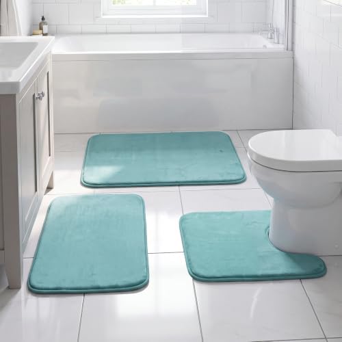 H.VERSAILTEX Bath Mat Memory Foam Set Bathroom Rug Set Flannel Velvety Extra Soft and Absorbent Non Slip Rugs for Bathroom/Bedroom Washable(20"x 32" + 17"x 24" + 20"x 24"U-Shaped, Eggshell Blue)