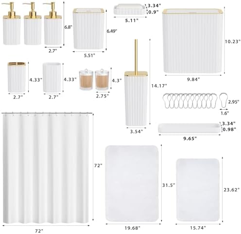 Bathroom Accessory Set - Bathroom Set, 27PC Bathroom Accessories Set, White Bathroom Sets with Shower Curtain and Rugs, Mini Trash Can, Toilet Brush, Trash Can & Soap Dispenser
