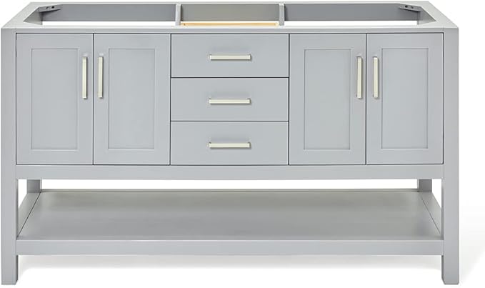 ARIEL Magnolia 60-inch Bathroom Vanity Base Cabinet,Solid Wood, 4 Soft Closing Doors, 3 Dovetail Drawers, Brushed Nickel, Grey