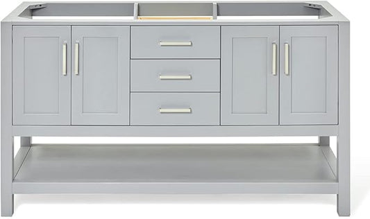 ARIEL Magnolia 60-inch Bathroom Vanity Base Cabinet,Solid Wood, 4 Soft Closing Doors, 3 Dovetail Drawers, Brushed Nickel, Grey