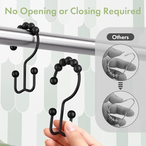 Amazer Shower Curtain Rings, Rust-Resistant Metal Double Shower Hooks for Curtain Rolling Shower Curtain Hooks Rings Shower Rings for Bathroom Shower Curtain Rod, Matte Black, Set of 12 Rings