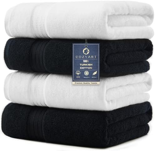 COZYART Luxury Bath Towels 4 PCS, 27x54 650 GSM Turkish Cotton, Black+White