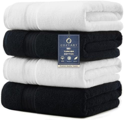 COZYART Luxury Bath Towels 4 PCS, 27x54 650 GSM Turkish Cotton, Black+White