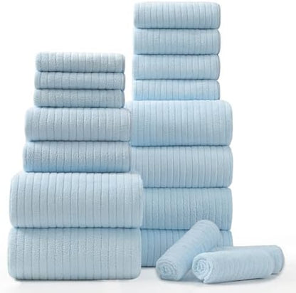 18 Piece Bath Towels Set,Super Soft Family Bathroom Towel Set with Hanging Loops-6 Bath Towels,6 Hand Towels,6 Washcloths,Highly Absorbent Quick Dry Shower Towel for Bathroom,Hotel,Spa-Blue Towel Set